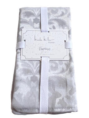 NWT Nicole Miller Set of 4 Silver Gray Damask Print Napkins Set 18x18 Cotton
